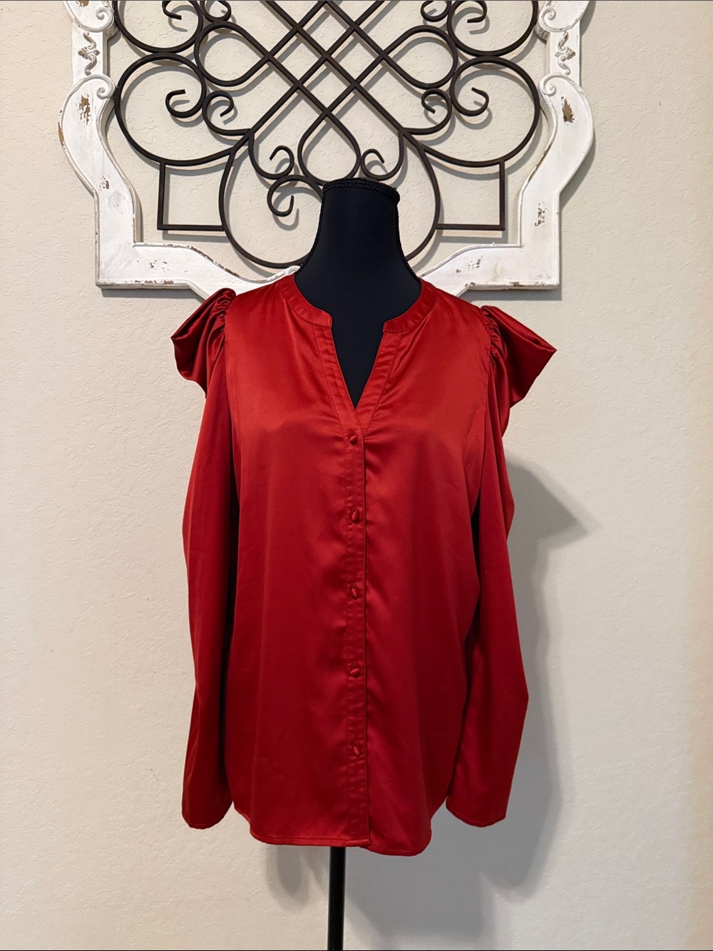 Doe & Rae Red Satin Button-Front Blouse